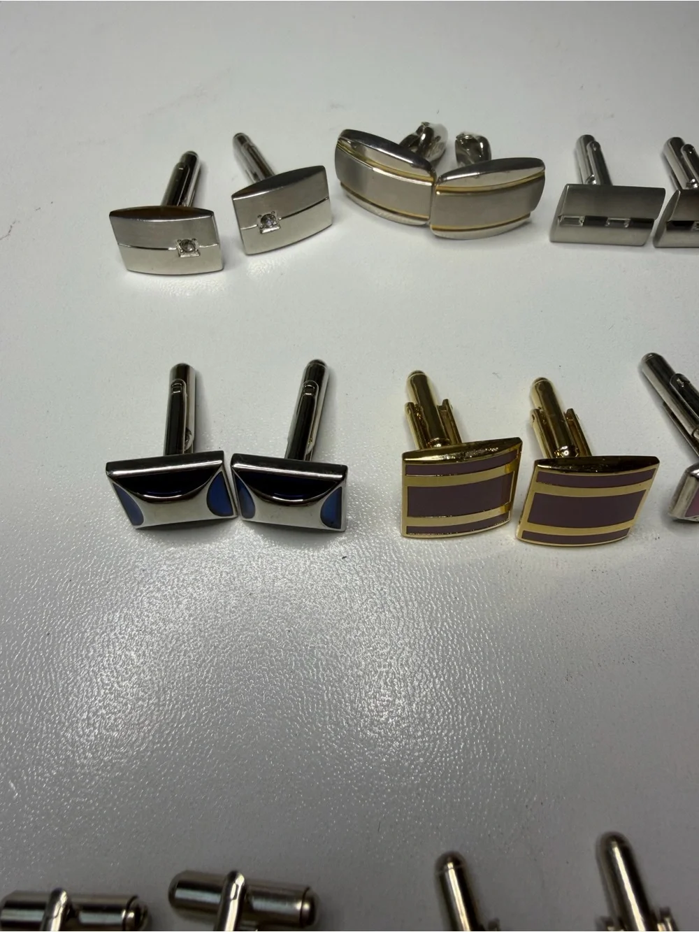 Mixed Enamel and Metal Men's Cufflink Set - Pink, Blue, Gold, Silver